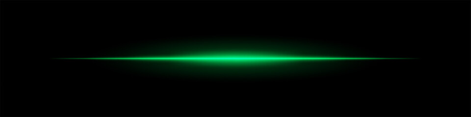 Horizontal light flare with cold glow on a black background. Green energy beam with smooth gradient effect, cinematic lens reflection, futuristic shine.