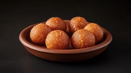 A plate of brownies sits on a black table. The brownies are small and round, and they are arranged in a neat row. The plate is made of clay, and it has a rustic, earthy feel to it