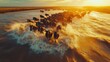 © Stock Source Studio - Aerial shot of massive wildebeest herd crossing a muddy river during migration dynamic splashes and ripples illuminated by golden sunlight