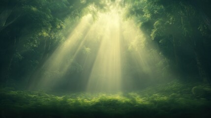 Wall Mural - A bright sunbeam shines through the trees, illuminating a lush green forest