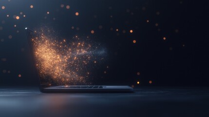 Wall Mural - A laptop is open to a screen with a bright orange glow