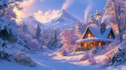 Poster - Snowy mountain cabin sunrise winter wonderland