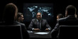 © Zape - A diverse group of professionals in a meeting room, discussing new business ideas with charts and graphs on the screen.