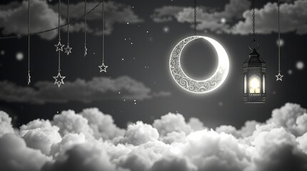 Wall Mural - night sky, crescent moon, glowing lanterns, fluffy clouds, ethereal atmosphere, monochrome, celestial, dreamy