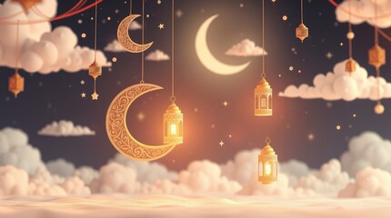 Wall Mural - Dreamy night sky, crescent moons, glowing lanterns, fluffy clouds, warm golden light, magical atmosphere, starry background