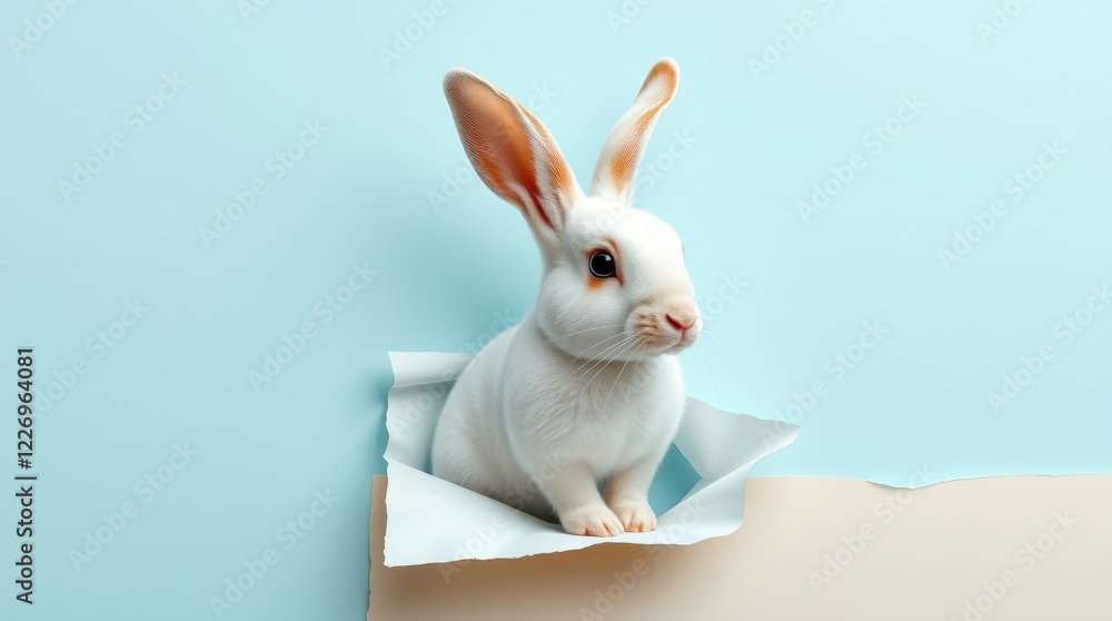 White rabbit, curious expression, popping out of paper, torn paper ...