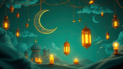 Wall Mural - Mystical night sky, crescent moon, glowing lanterns, floating magical lights, ethereal atmosphere, fantasy forest, enchanted woodland