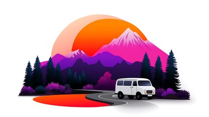 Wall Mural - Van on Mountain Road at Sunset, Pixel Art Landscape