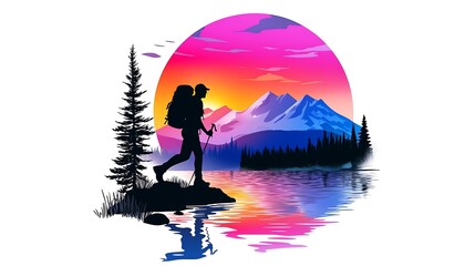 Wall Mural - Silhouette of Hiker at Sunset with Vibrant Mountain Landscape