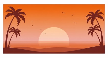 Wall Mural - Silhouette Palm Trees Sunset Beach Ocean Scene