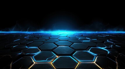 Wall Mural - Futuristic Blue Hexagonal Tiles with Glowing Edges Creating a Dazzling Digital Space Background