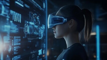 A person is wearing a futuristic VR headset while facing a digital screen displaying code