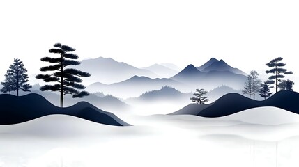 Sticker - Serene Mountain Landscape in Mist An Ink Painting