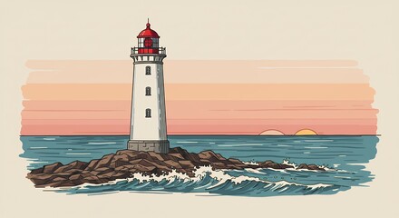 Wall Mural - Lighthouse Sunset Ocean Scene Coastal Illustration