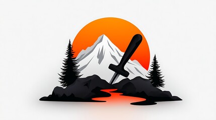 Wall Mural - Majestic Mountain Silhouette at Sunset with a Planted Sword