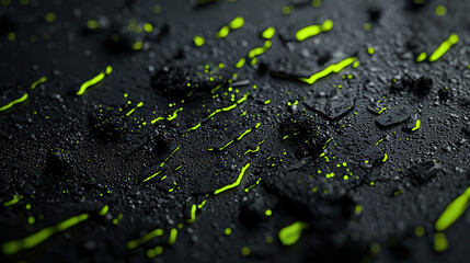 Poster - Abstract digital artwork featuring dark background with vibrant green accents, showcasing textured surface with droplets and scattered elements