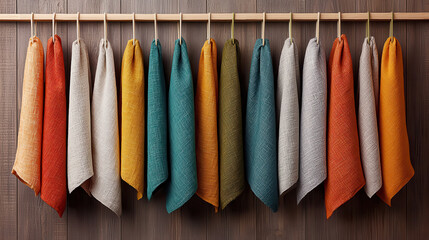 Poster - Colorful fabrics hanging on wooden rod, showcasing variety of textures and hues, including orange, teal, yellow, and gray, creating vibrant and warm atmosphere