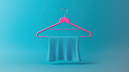 Aufkleber - vibrant pink clothes hanger displays soft blue fabric against bright turquoise background, showcasing proper storage techniques for textiles