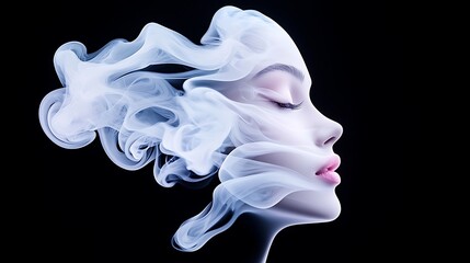 Wall Mural - Serene Woman Emerging From White Smoke Against Black Background