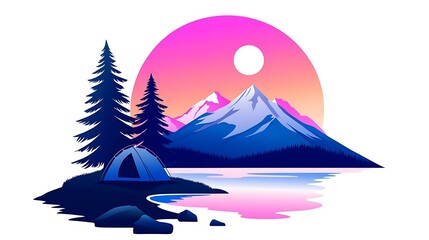 Wall Mural - Serene Mountain Lake Sunset Camping Scene