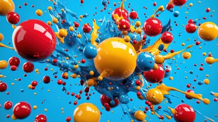 Wall Mural - a vibrant splash of color, featuring red, yellow, and blue spheres bursting against a bright blue ba