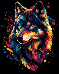 Naklejka na meble A vibrant and multicolored wolf portrait on a black background