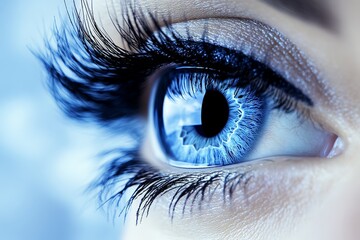 Poster - Eye with striking blue iris and long eyelashes emphasizing beauty and detail in a close-up shot