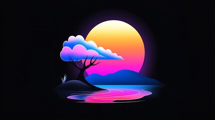 Wall Mural - Pixel Art Sunset Landscape with Glowing Tree and Neon Colors