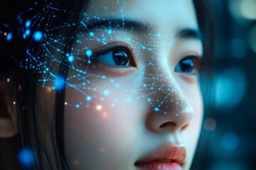 Poster - Young woman with intelligent gaze reflecting data visualization concept in a futuristic setting