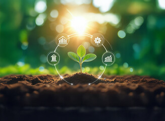 A vibrant green sprout emerges from rich soil, encircled by icons representing growth, sustainability, and prosperity, bathed in sunlight.  This symbolizes environmental progress and economic developm