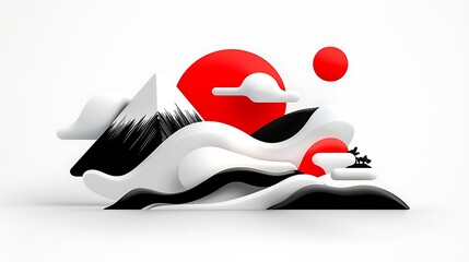 Wall Mural - Abstract Japanese Inspired Landscape With Red Sun and White Waves