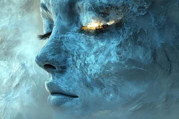Aufkleber - Frozen beauty of a serene face illuminated by glowing eyes in a mystical blue landscape