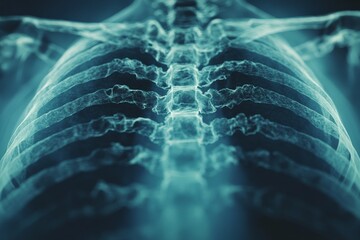 Poster - X-ray image showing human ribcage and spine with clear details and contrast in a medical setting