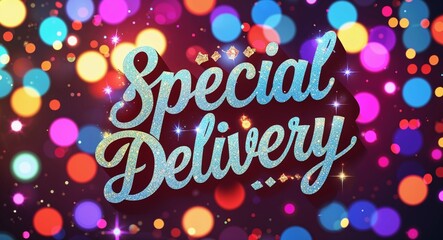 Sticker - special delivery calligraphic lettering on colorful bokeh glitter festive sparkles background