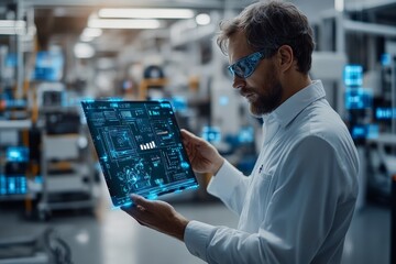 Aufkleber - Expert examines advanced digital display while working in a high-tech research facility in the evening