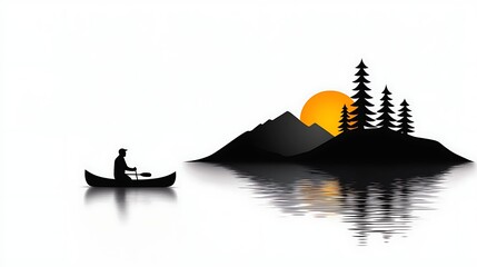 Wall Mural - Silhouette Of Person Canoeing Towards Island At Sunset