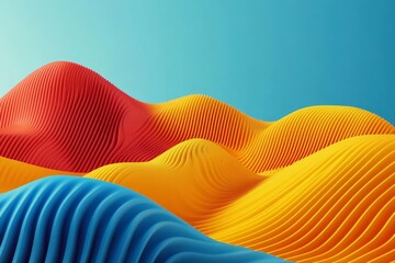 Fototapete - Vibrant abstract landscape showcasing flowing waves in red, yellow, and blue against a light blue background