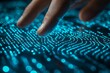 © ChaoticMind - Finger touches glowing blue data patterns on a dark surface in a modern digital environment
