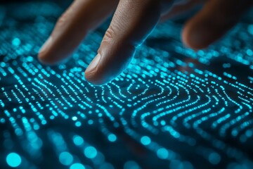 Poster - Finger touches glowing blue data patterns on a dark surface in a modern digital environment