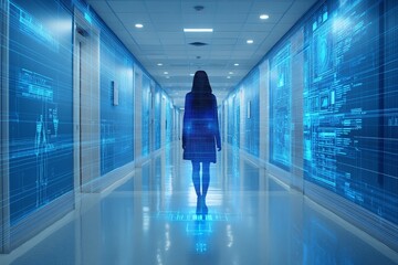 Poster - Woman walking through illuminated digital corridor in modern building at night
