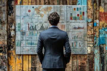 Poster - Business professional analyzes data on a colorful wooden wall at a corporate setting during daytime