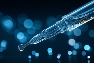 Poster - Close-up of a dropper with water droplet, surrounded by blue bokeh lights in a soft-focus background