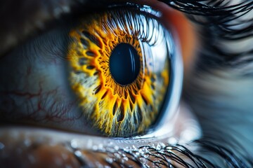 Poster - Intricate detail of an eye with vibrant orange and yellow patterns seen up close during natural lighting conditions