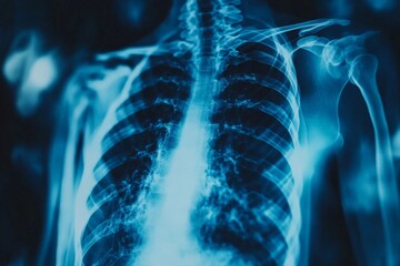 Poster - Detailed view of a human ribcage and lungs in an x-ray under blue light conditions showing structural anatomy clearly