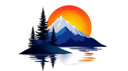 Wall Mural - Serene Mountain Lake Sunset Landscape With Silhouetted Trees