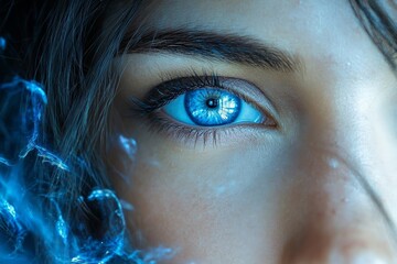 Poster - Close-up of a woman’s striking blue eye surrounded by a swirl of water elements under soft lighting