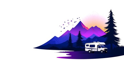 Wall Mural - White Campervan Parked Near Purple Sunset Mountains