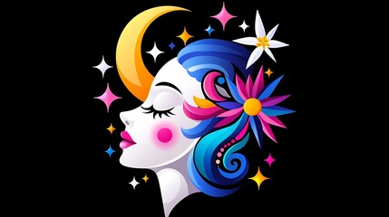 Wall Mural - Dreamlike Profile of a Woman Adorned with Moon, Stars, and Flowers