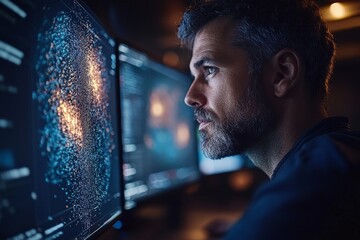 Poster - Man analyzing complex data on multiple computer screens in a dimly lit workspace