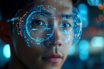 Aufkleber - Young man with futuristic augmented reality glasses in a high-tech environment at night